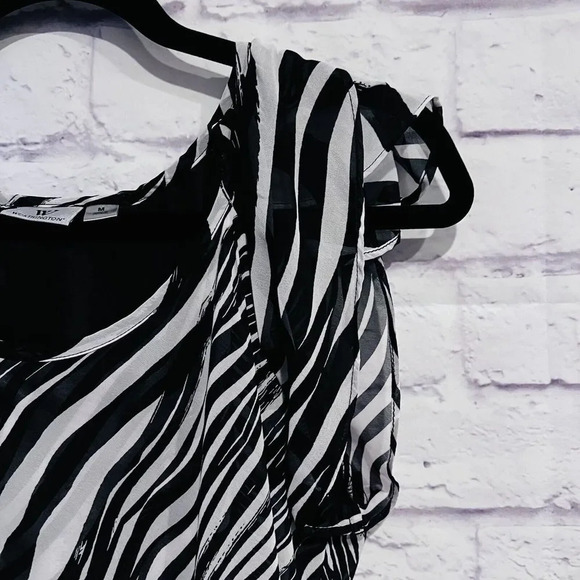 Worthington Zebra Print Fringe Short Sleeve Shirt Flowy Black White Medium - Picture 4 of 11